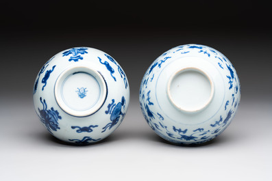 Five Chinese blue and white bowls, Kangxi and later