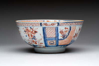 Seven Chinese Imari-style and famille rose bowls with floral and figural designs, 18th C.