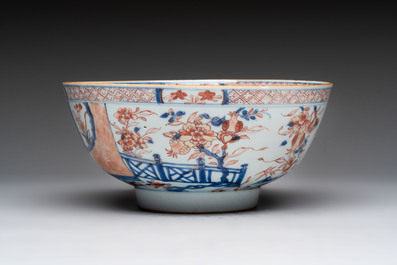Seven Chinese Imari-style and famille rose bowls with floral and figural designs, 18th C.