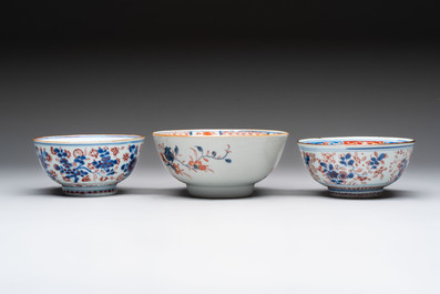 Seven Chinese Imari-style and famille rose bowls with floral and figural designs, 18th C.