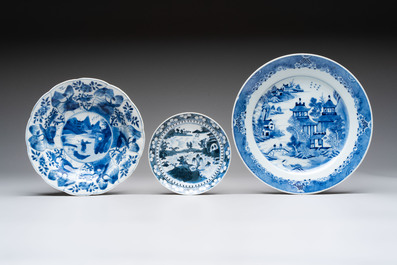 Six Chinese blue and white plates and a dish with landscape design, 18th C.