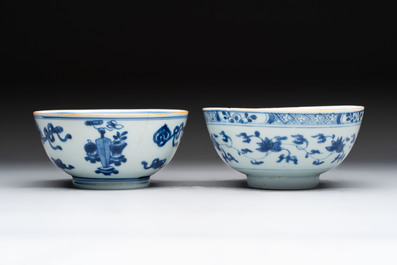 Five Chinese blue and white bowls, Kangxi and later