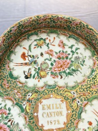 An extremely rare inscribed Chinese Canton famille rose trefoil tray, Qing, dated 1879