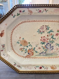 A Chinese famille rose dish with a crane among flowering branches with bronze mount, Qianlong