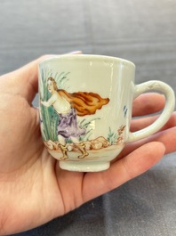 A varied collection of three Chinese famille rose 'mythological subject' cups and two saucers, Qianlong