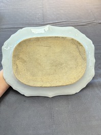 A pair of Chinese famille rose 'pseudo-tobacco leaf' dishes and a saucer, Qianlong