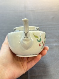 Four Chinese blue, white and famille rose covered teapots, Tongzhi and Hu Mao Ji 胡茂記 mark, Kangxi and later