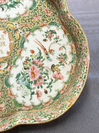 An extremely rare inscribed Chinese Canton famille rose trefoil tray, Qing, dated 1879