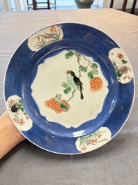 A pair of fine Chinese famille verte powder-blue-ground 'bird on branch' plates, Kangxi