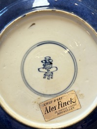 A pair of fine Chinese famille verte powder-blue-ground 'bird on branch' plates, Kangxi