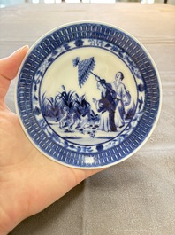 A rare Chinese blue and white 'Dames au Parasol' cup and saucer after Cornelis Pronk, Qianlong, ca. 1738