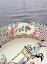 A fine Chinese famille rose ruby-back eggshell plate with a lady and playing boys, Yongzheng