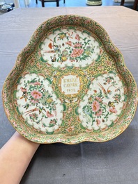 An extremely rare inscribed Chinese Canton famille rose trefoil tray, Qing, dated 1879
