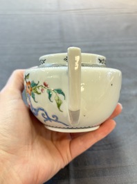 Four Chinese blue, white and famille rose covered teapots, Tongzhi and Hu Mao Ji 胡茂記 mark, Kangxi and later