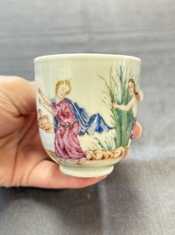 A varied collection of three Chinese famille rose 'mythological subject' cups and two saucers, Qianlong
