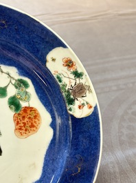 A pair of fine Chinese famille verte powder-blue-ground 'bird on branch' plates, Kangxi