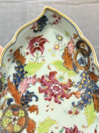 A pair of Chinese famille rose 'pseudo-tobacco leaf' dishes and a saucer, Qianlong