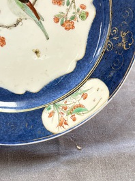 A pair of fine Chinese famille verte powder-blue-ground 'bird on branch' plates, Kangxi