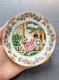 A varied collection of three Chinese famille rose 'mythological subject' cups and two saucers, Qianlong