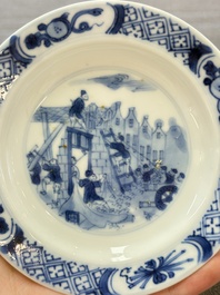 A Chinese blue and white 'Rotterdam Riot' cup and saucer, jade mark, Kangxi