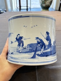 A fine Chinese blue and white 'fishermen and poem' bitong, Shang 賞 seal mark, Kangxi
