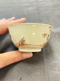 A varied collection of three Chinese famille rose 'mythological subject' cups and two saucers, Qianlong