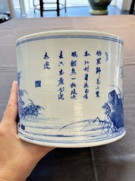 A fine Chinese blue and white 'fishermen and poem' bitong, Shang 賞 seal mark, Kangxi