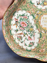 An extremely rare inscribed Chinese Canton famille rose trefoil tray, Qing, dated 1879