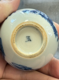 A fine Chinese blue and white miniature bottle vase with two ladies in a garden, jade 玉 mark, Kangxi