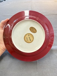A fine Chinese famille rose ruby-back eggshell plate with a lady and playing boys, Yongzheng