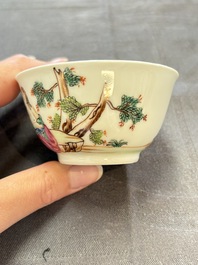 A varied collection of three Chinese famille rose 'mythological subject' cups and two saucers, Qianlong