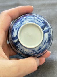 A rare Chinese blue and white 'Dames au Parasol' cup and saucer after Cornelis Pronk, Qianlong, ca. 1738