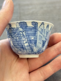 A Chinese blue and white 'Rotterdam Riot' cup and saucer, jade mark, Kangxi