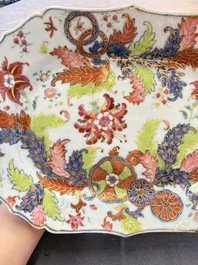 A pair of Chinese famille rose 'pseudo-tobacco leaf' dishes and a saucer, Qianlong