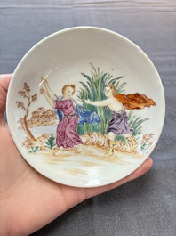 A varied collection of three Chinese famille rose 'mythological subject' cups and two saucers, Qianlong
