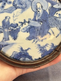 A fine and rare Chinese blue and white 'Shoulao' plaque with wooden mount, Wanli