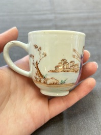 A varied collection of three Chinese famille rose 'mythological subject' cups and two saucers, Qianlong