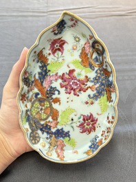 A pair of Chinese famille rose 'pseudo-tobacco leaf' dishes and a saucer, Qianlong