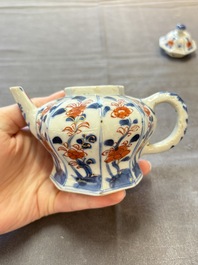 Three Chinese Imari-style teapots and two blue and white jugs, Kangxi