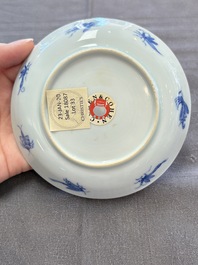 A rare Chinese blue and white 'Dames au Parasol' cup and saucer after Cornelis Pronk, Qianlong, ca. 1738