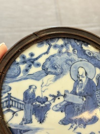 A fine and rare Chinese blue and white 'Shoulao' plaque with wooden mount, Wanli