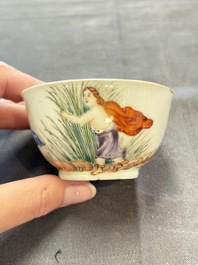 A varied collection of three Chinese famille rose 'mythological subject' cups and two saucers, Qianlong