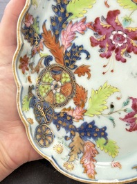 A pair of Chinese famille rose 'pseudo-tobacco leaf' dishes and a saucer, Qianlong