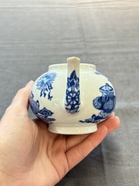 A Chinese blue and white 'antiquities' teapot and cover, Jiajing mark, Kangxi