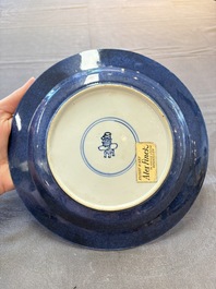A pair of fine Chinese famille verte powder-blue-ground 'bird on branch' plates, Kangxi