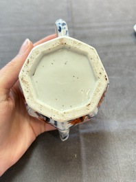 Three Chinese Imari-style teapots and two blue and white jugs, Kangxi