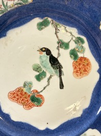 A pair of fine Chinese famille verte powder-blue-ground 'bird on branch' plates, Kangxi