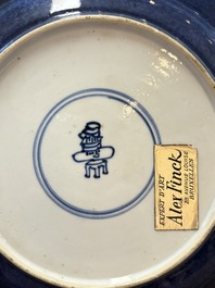 A pair of fine Chinese famille verte powder-blue-ground 'bird on branch' plates, Kangxi