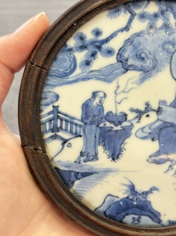 A fine and rare Chinese blue and white 'Shoulao' plaque with wooden mount, Wanli