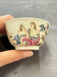 A varied collection of three Chinese famille rose 'mythological subject' cups and two saucers, Qianlong